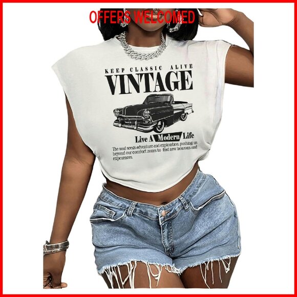 Plus Size Crop Tee Vintage Car Graphic Short Sleeve Crew Neck Casual - Picture 1 of 5